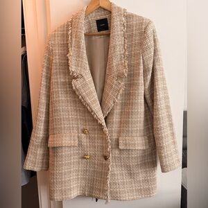 PINKO Oversized Tweed Blazer Beige Neutral Textured Double-Breasted Gold Buttons